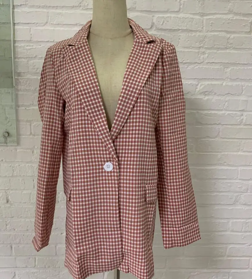 Женский клетчатый блейзер с длинным рукавом на одной пуговице розовый пиджак в