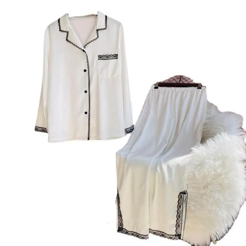

2PCS Pajamas Suit Nightwear New Arrival Satin Sleep Set Intimate Lingerie White Sexy Lace Home Clothing Spring Autumn Pyjamas