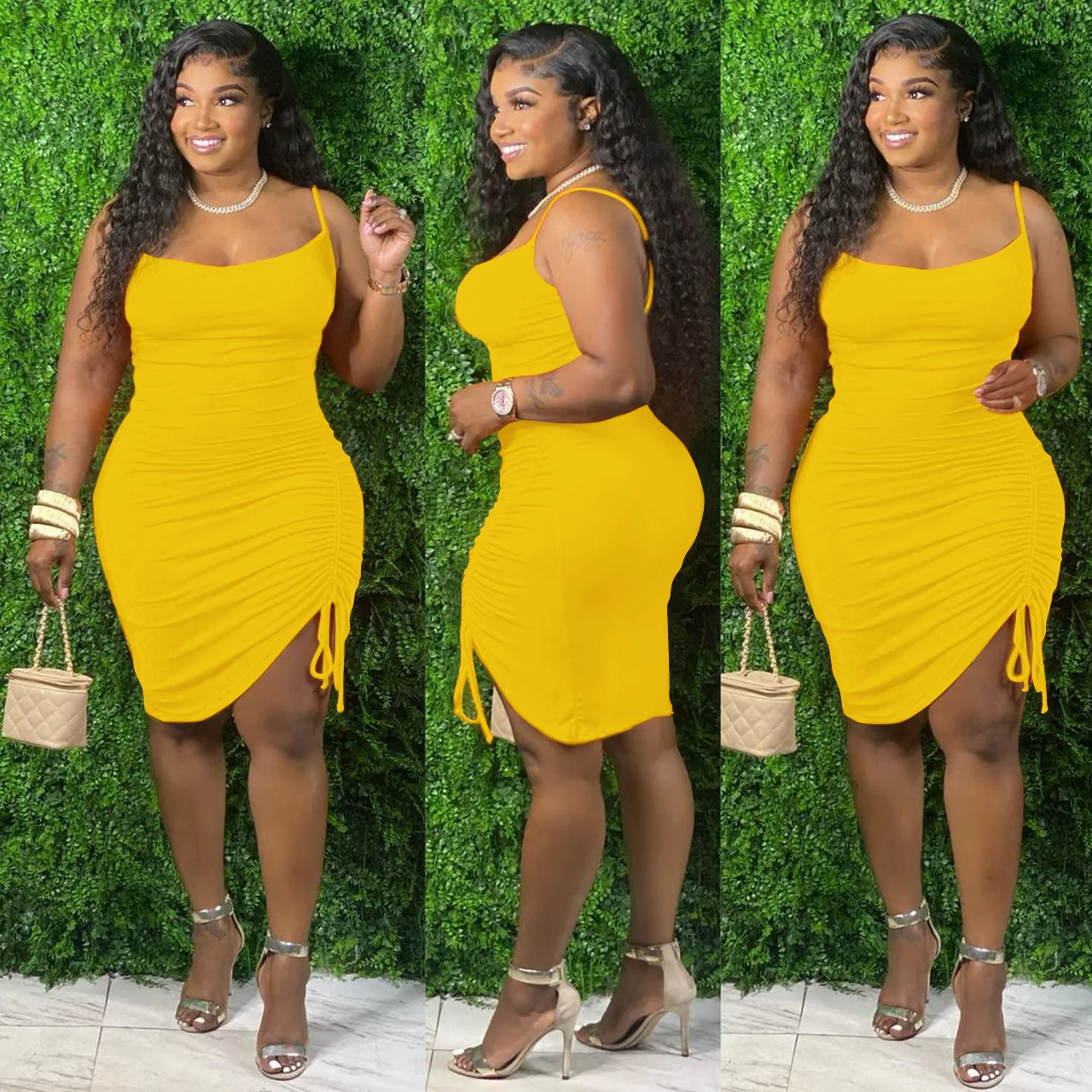 

Sexy Women Dress Solid Color Spaghetti Strap Solid Color Split Out Drawstring Bodycon Streetwear Summer Clothes For Women Outfit