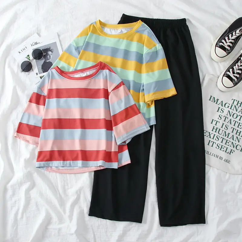 

Korean Fashion T-shirt Wide Pants Sets Summer Women's Suit Clothing Casual Oversize Sweatshirt 2 Piece Set Women Cropped Setup