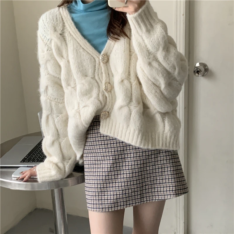 

Pink Sweet Sweater Women V Neck Solid Thicken Loose Sweaters 21 Autumn Student Outerwear Korean Knitted Cardigan Female LD1978