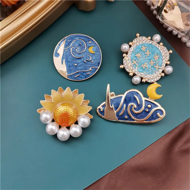 

Oil Painting Brooch for Women Star Moon Sunflower Enamel Pearl Corsage Vintage Suit Shirt Jewelry Accessories Mom Birthday Gift
