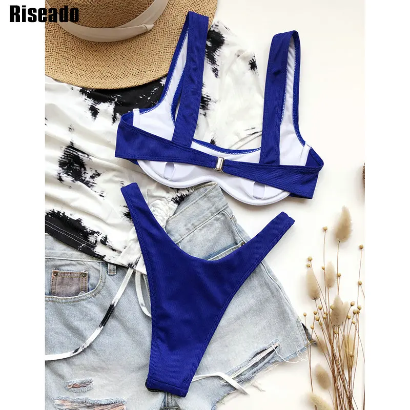 

Riseado Sexy Blue Bikini 2021 Push Up Swimsuit Swimwear Women Ribbed Swimming Suit Brazilian Bikini Strap Beachwear Summer