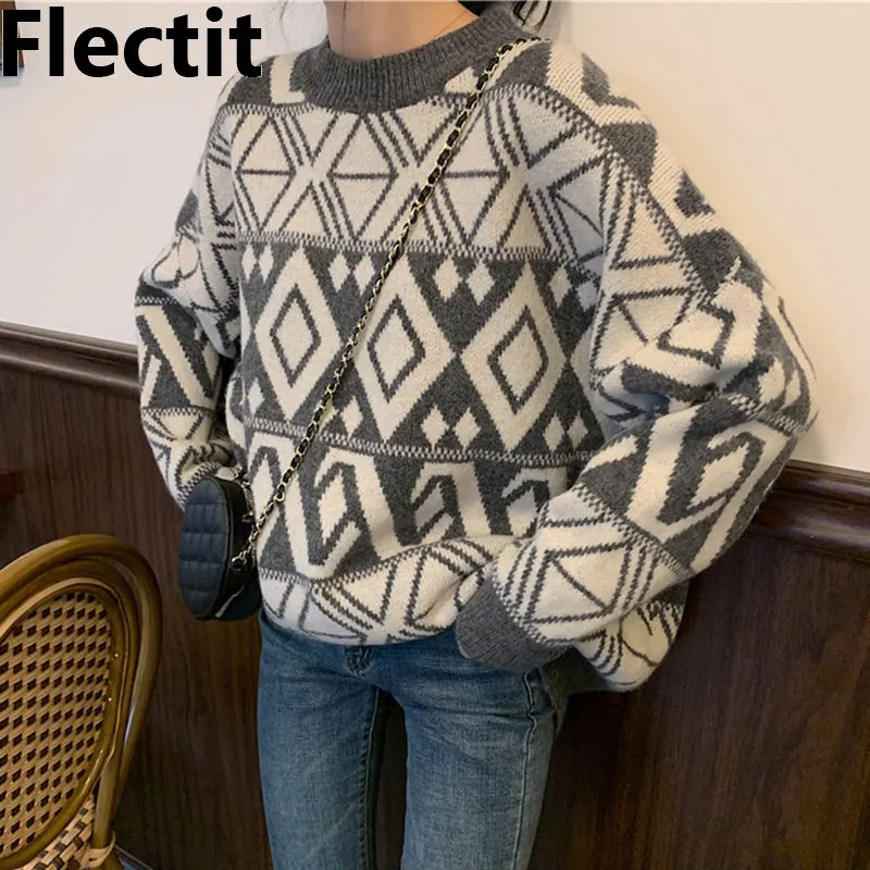 

Flectit Womens Argyle Sweater Oversized Long Sleeve Crew Neck Cozy Knitted Pullovers Jumper Fall Winter Student e-girl *