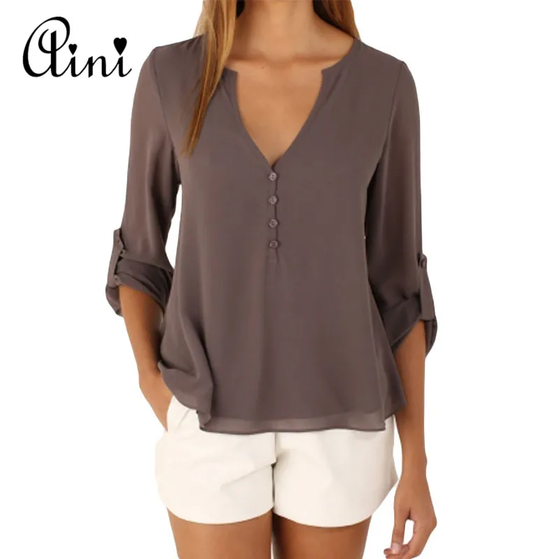 Женские топы и блузки размера плюс 5XL с длинным рукавом одноцветные v-образный