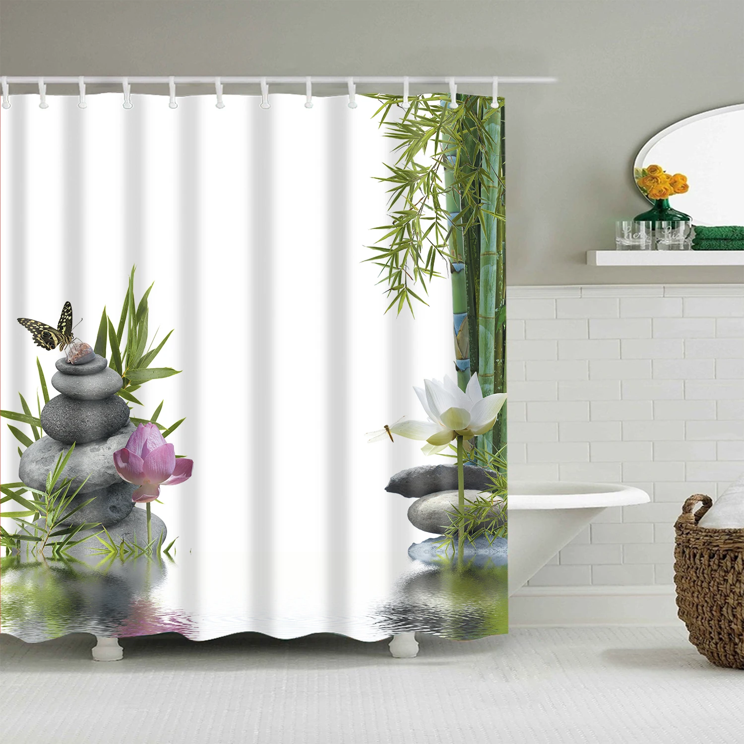 

Rural Landscape Creek Stone Lotus Buddha Shower Curtain Bathroom Curtain Frabic Waterproof Polyester Bathroom Curtain with Hooks