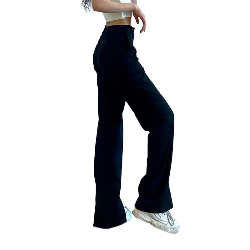 

Модные женские повседневные длинные брюки, черные однотонные облегающие прямые брюки с высокой талией и разрезом, S/ M/ L