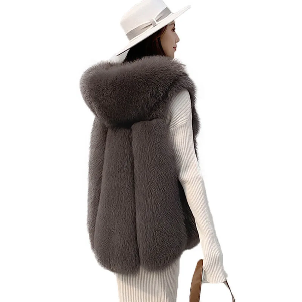 

Hot Sales Sleeveless Furry Jacket Ladies Fashion Warm Fluffy Fur Gilet Womens Trendy Black Real Fox Fur Vest With Fur Hood
