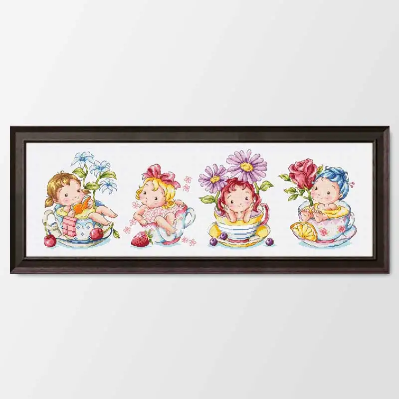 

Fishxx Printed on Canvas DMC Counted Chinese Cross Stitch Kits set Embroidery Needlework Flower elf in a tea bowl