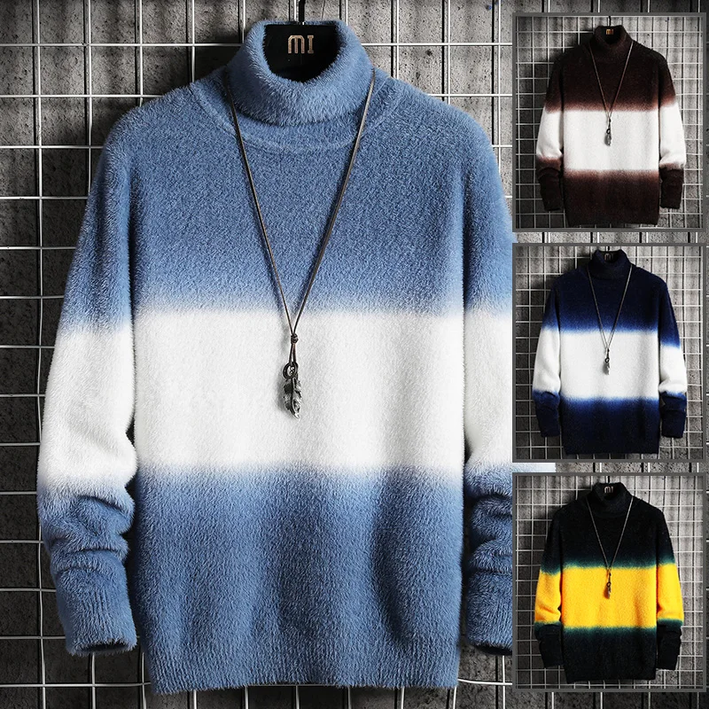 

New Winter Sweater Men Hit-colored Sweaters Wool Knitted Male Pullovers Fashion Men Knitwear Imitation Mink Sweater