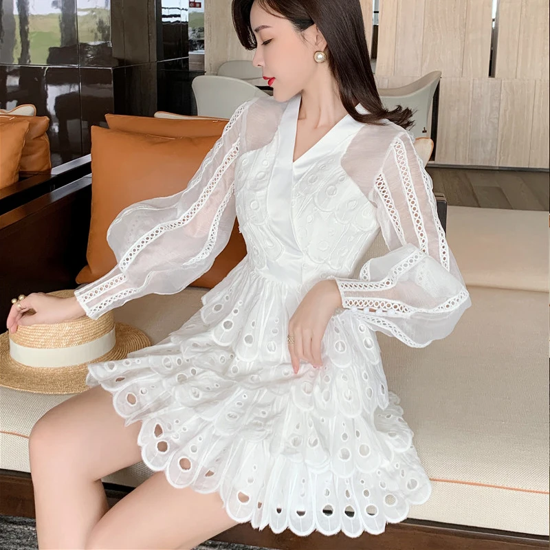 

Chic Transparent Lantern Sleeve Sexy Women Dress White Hollow Out Cake Mini Party Dresses Summer Lady Vintage Embroidery Vestido