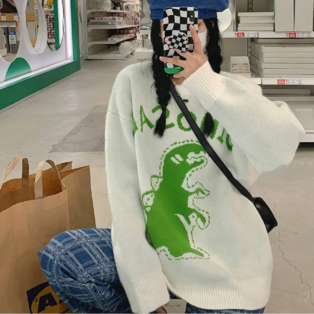 

Белый свитер с динозавром, Женский Осенний Свободный пуловер с круглым вырезом в Корейском стиле, новинка 2021, вязаный Топ, женская одежда