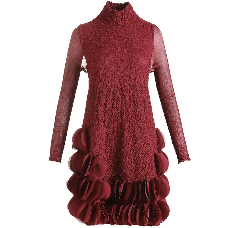 

High End Embroidered Large Dress Red Autumn Winter 2020 New Style Women's Long Sleeve Pleats Dress