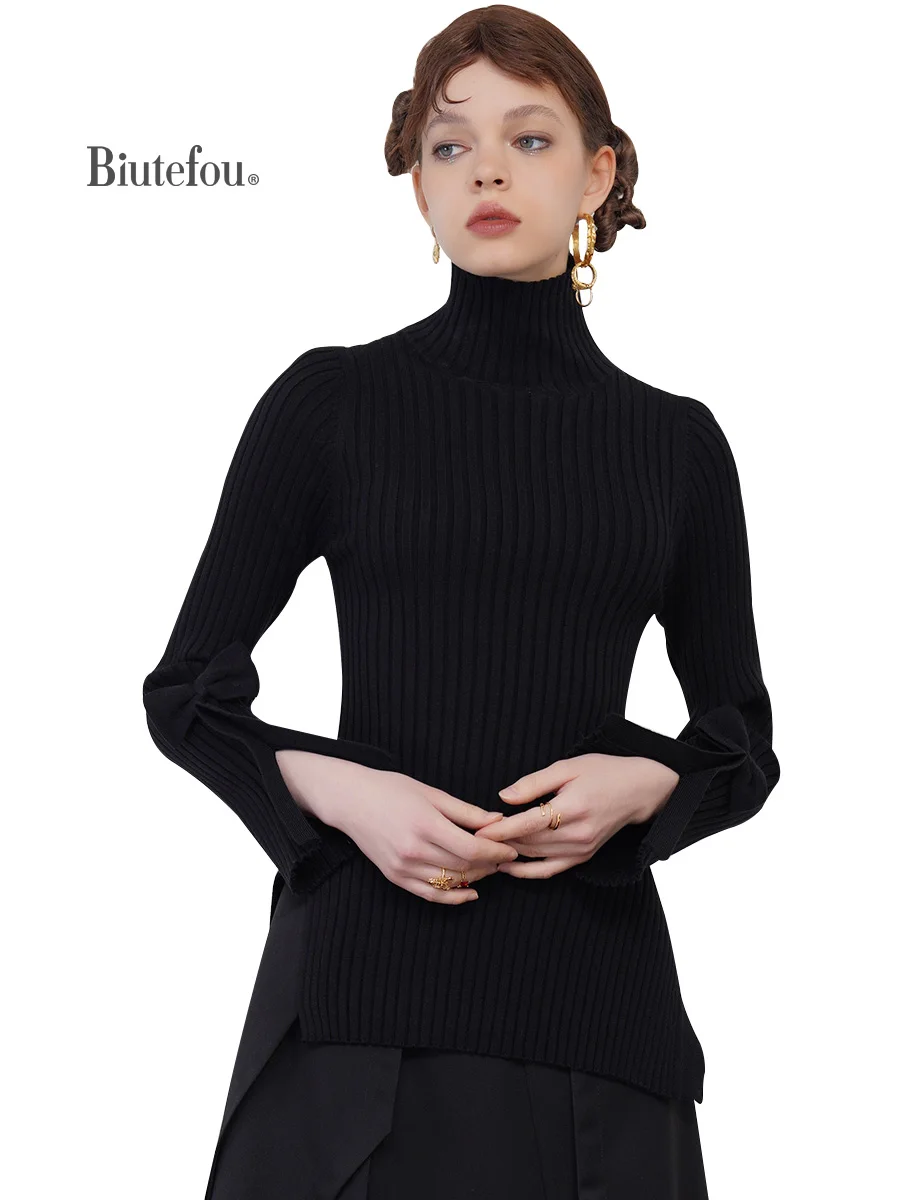 

【Biutefou】Original Design 2022 Spring Women Bow Slim Warm Thick Turtleneck Sweater