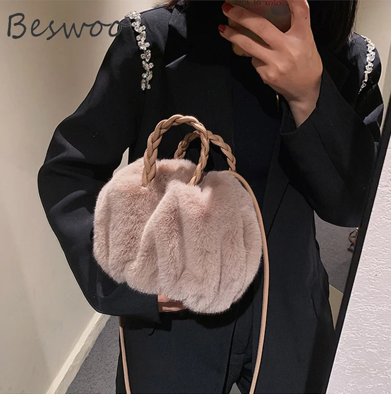 

Winter New Plush Fur Bag Fashion Soft Faux Fur Fluffy Bag Cloud Weave Handle Designer Handbag Purse Casual Women's Shoulder Bag