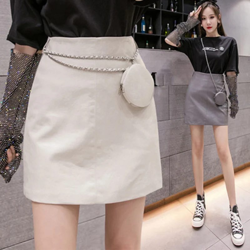 

Autumn Black PU Leather Mini Skirts Women's High Waist Slim A-line Skirt Female 2020 Fashion Wild Chain Packet Ladies Bottom