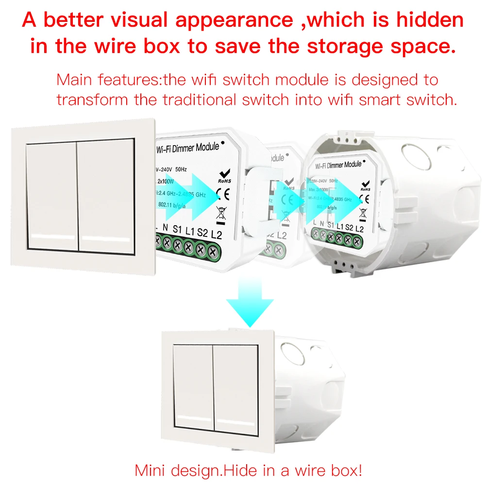 

2 Gang DIY WiFi Smart Light LED Dimmer Module Switch Smart Life/Tuya APP Remote Control Work with Alexa Echo Google Home