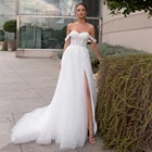 Белое кружевное свадебное платье-бохо с открытыми плечами и высоким разрезом, свадебное платье в стиле кантри с косточками, свадебные платья для принцесс на спине