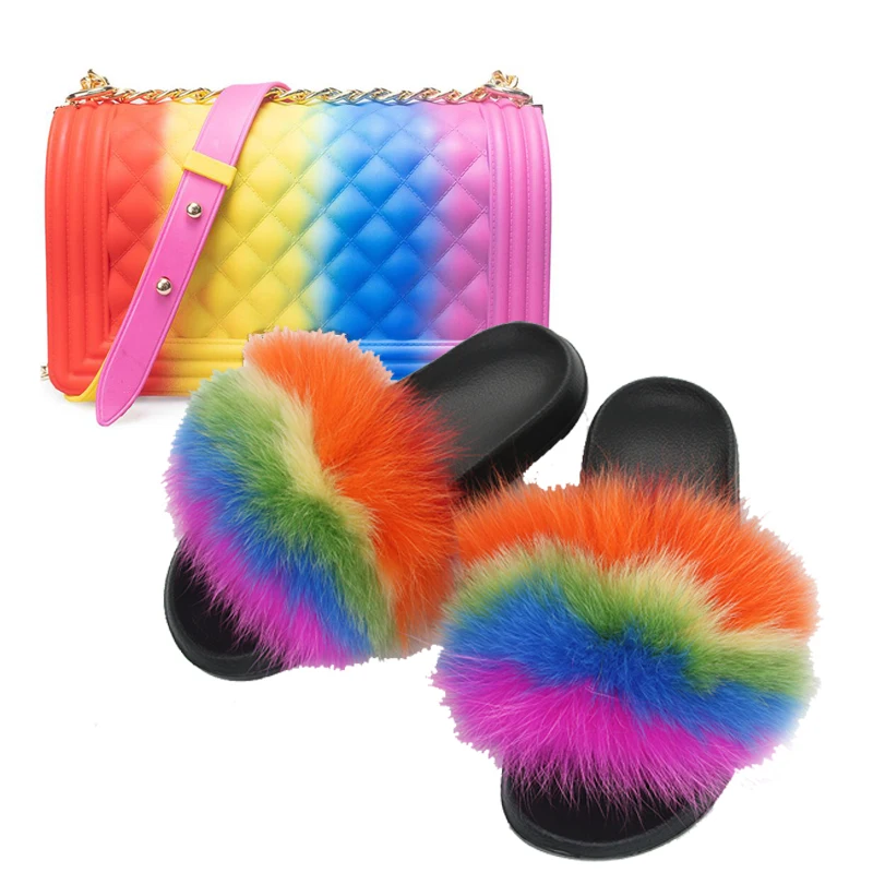 Меховые сланцы и кошелек для девочек комплект из пушистых радужных меховых