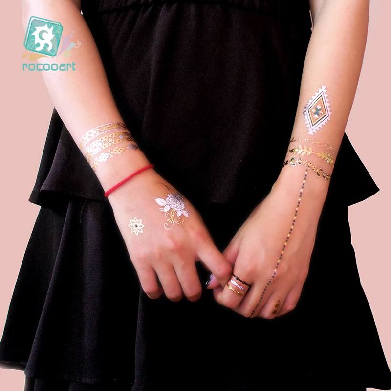 ROCOOART Indian Style Metallic Waterproof Temporary Tattoos Gold Silver Bracelet Anklet Women Taty Design Fake Make up Sticker | Красота и