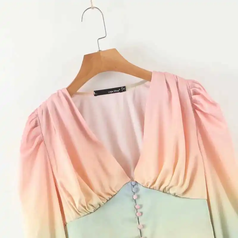 

Summer Retro Color Gradient V-neck Single Breasted Lantern Sleeve Short Shirt