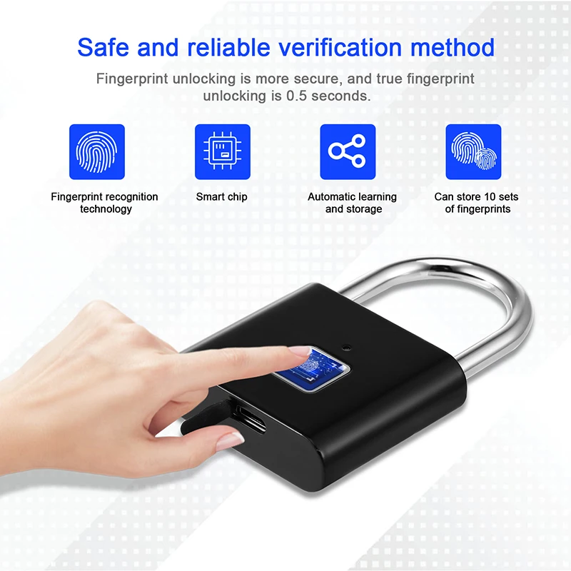 

USB Rechargeable Smart Lock Keyless Fingerprint Lock Waterproof Portable Anti-Theft Security Padlock Door Luggage Case Lock