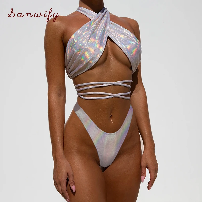 

Sexy Bandage Bikini 2020 Push Up Swimwear Women High Leg Bikini Set Gold Silver Snakeskin Print Biquini Bathing Suit Swimsuit
