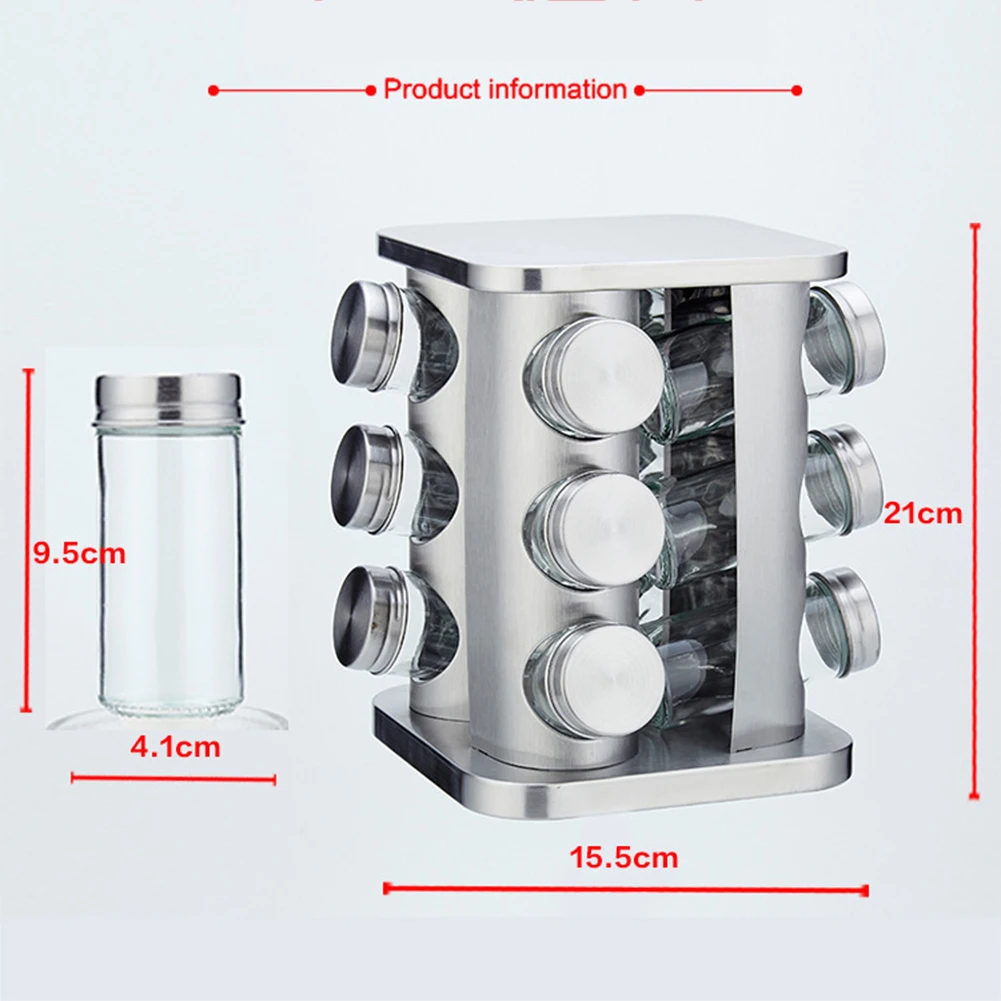 

12Pcs/Set Spice Rack Kitchen Glass Seasoning Salt Pepper Sugar Jars And Stainless Steel Rack Holder Kitchen Storage Spice Rack