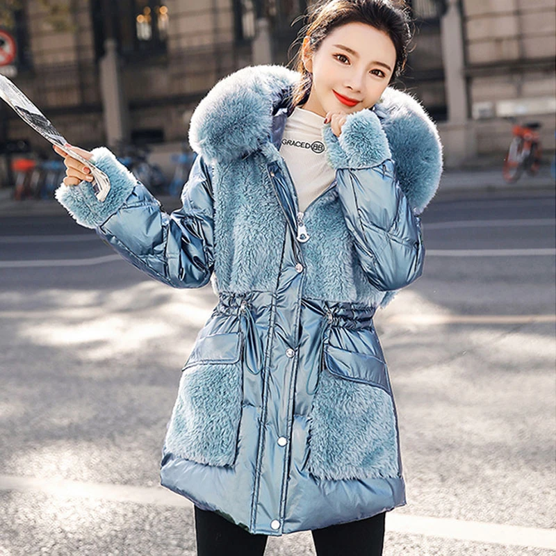 Новинка 2021 модное женское зимнее пальто с большим меховым воротником стеганая