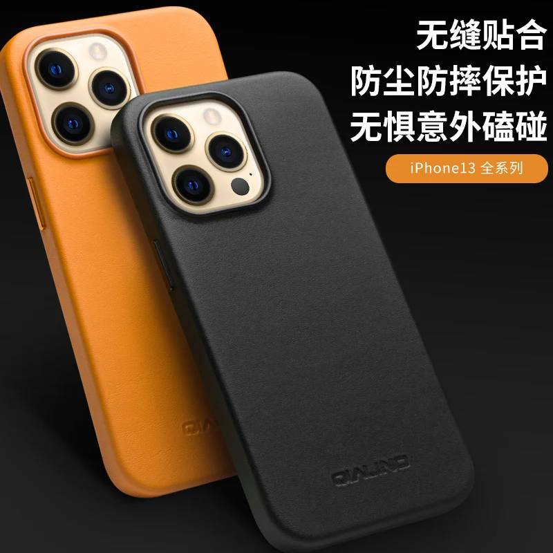 

NEW Qialino Brand Genuine Leather Back Cover For iPhone 13 Pro Max Mini Real Natural Cowhide Phone Case For iPhone13 MagSafe