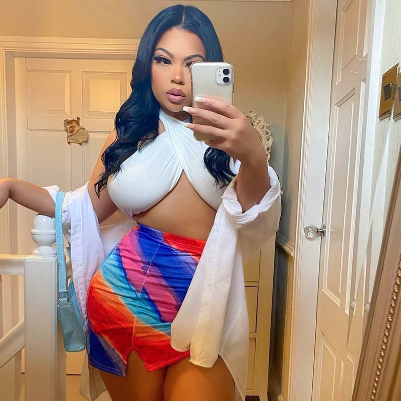 

CIBBAR Contrast Printing Elastic Mini Skirt Women High Waist Skinny Side Split Summer Skirts Sexy Casual Fashion Club Streetwear