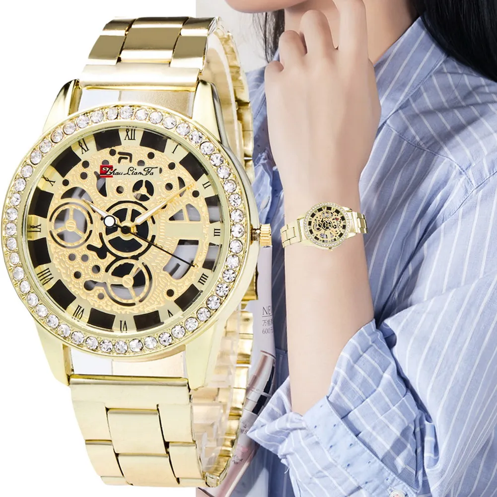 

Fashion Quartz Watch for Women Classic Rhinestone Hollow Watch with Steel Wrist Band LL@17