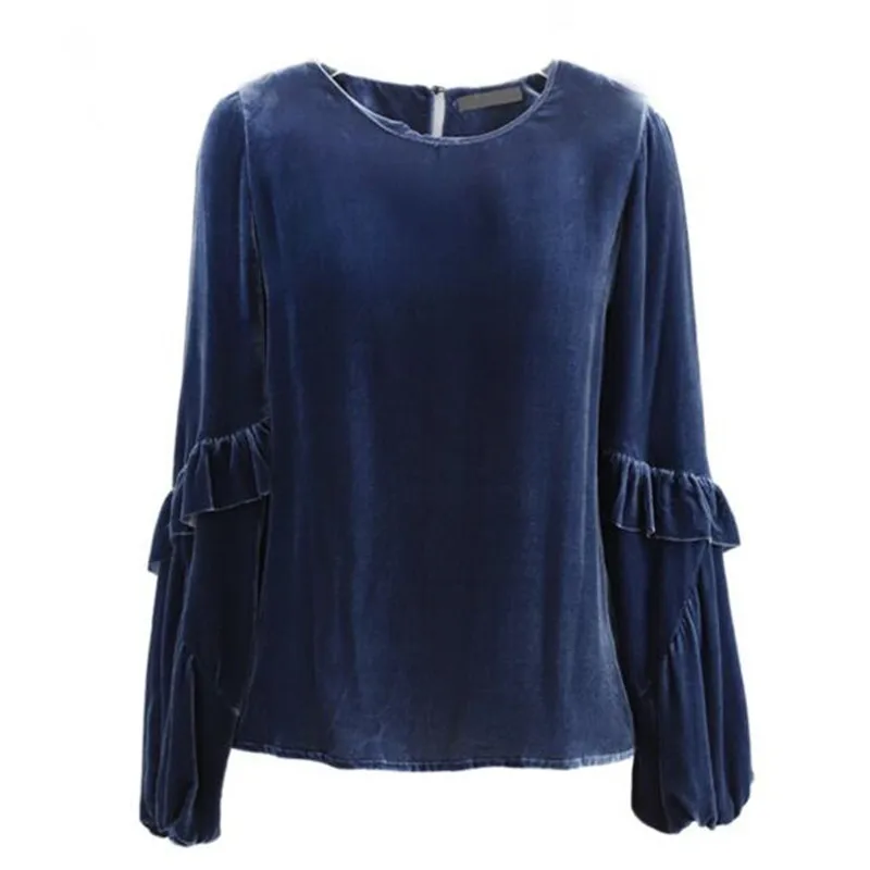 Женская бархатная блузка с длинным рукавом круглым вырезом и оборками 10 цветов