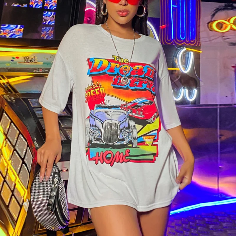 

Large Contrast Color Pattern Retro America Style T Shirts for Women O-Neck Loose Oversized White Cotton Fashion Girls Streetwear