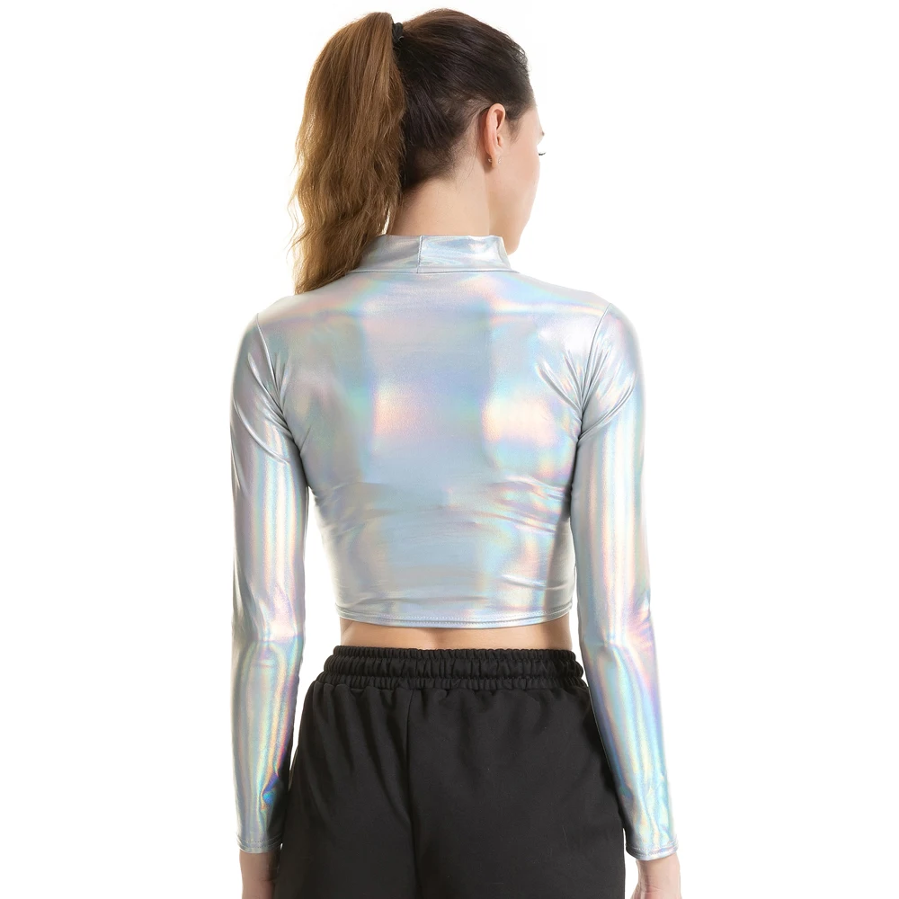 Женская водолазка с металлическим блеском короткий топ длинным рукавом для