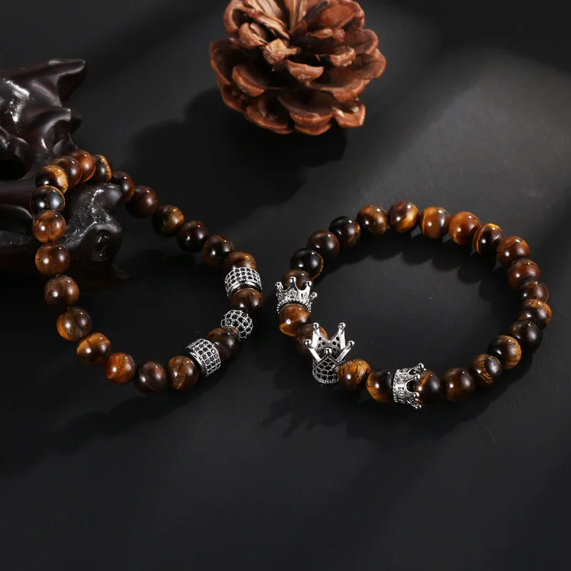 

2019 2pcs/set Golden Crown Beaded Bracelet Brown Natural Stone Beads Bracelet Braceletfor Men Women Friend Charm Jewelry Gifts