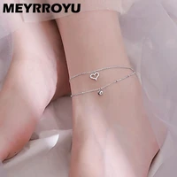 meyrroyu silver color sweet romantic love heart 2 layers anklets unique round beads fashion women girls sandy beach gift 2022