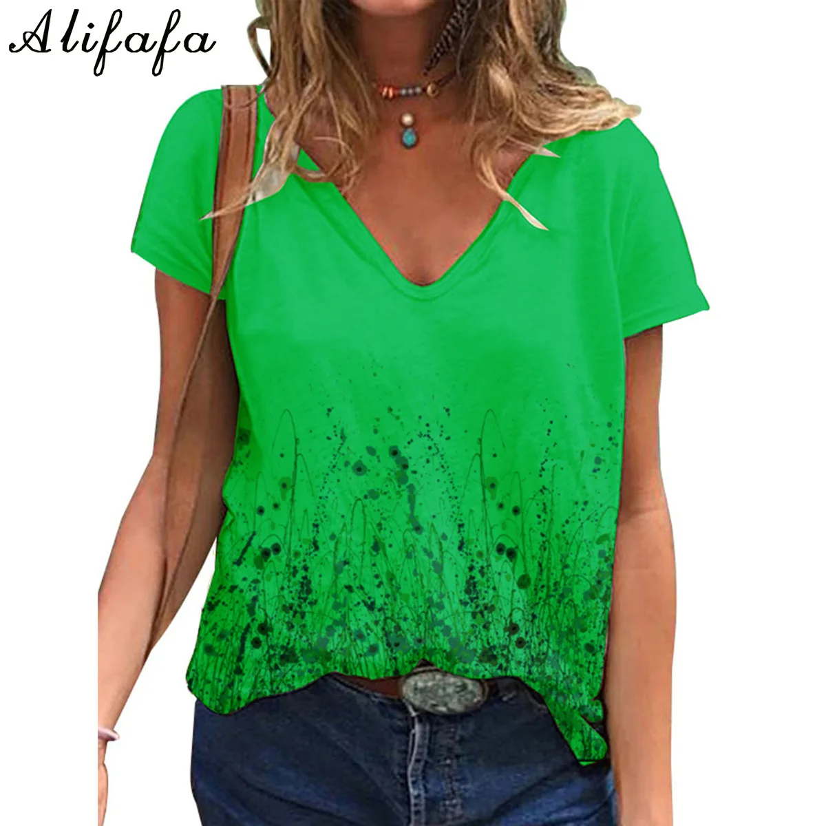 

Fashion Summer Women V Neck Tshirt Floral Print Tees Casual Loose Short Sleeve Tops Clothes Plus Size