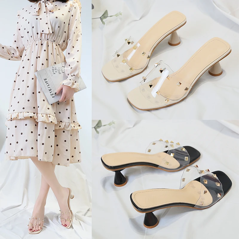 

Slippers Casual Square heel Shoes Transparent Heel Rivet Slides Slipers Women Heeled Mules Luxury Block Soft 2021 High Bonded Le