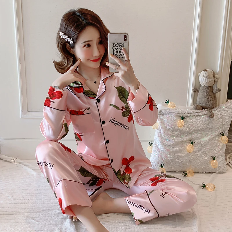

Шелковая пижама с длинным рукавом, весна-осень 2020, женские пижамные комплекты, милая одежда для сна с принтом, пижамы, ночная рубашка XL 2XL для ...