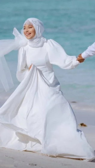 Белое мусульманское свадебное платье с длинным рукавом ТРАПЕЦИЕВИДНОЕ