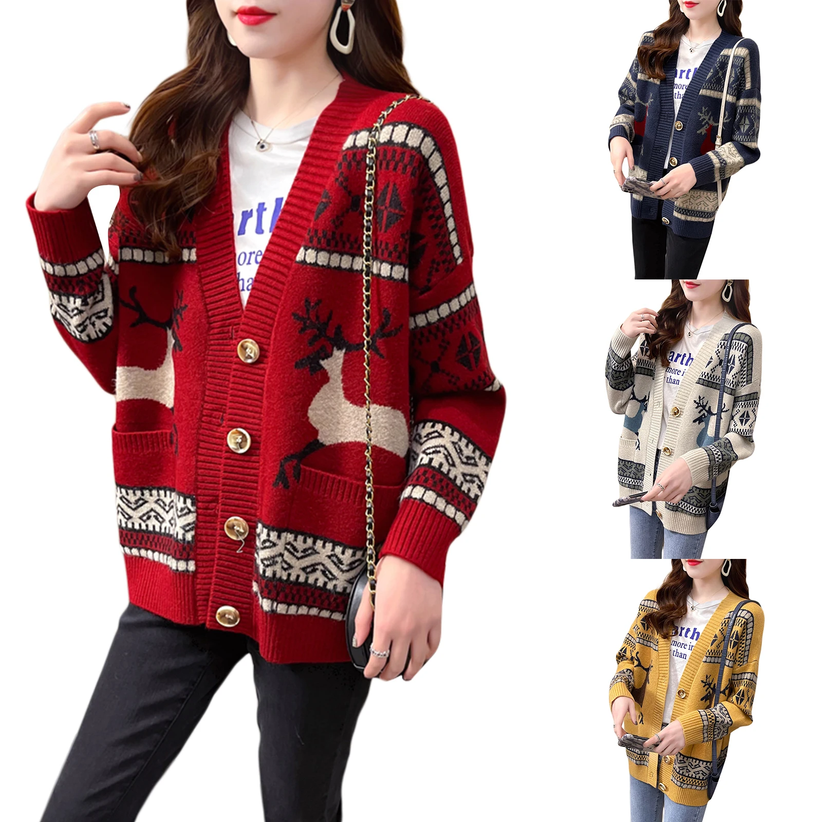 

Women's Button Down Cardigan Bohemian Deer Print Long Sleeve Loose Knit Sweater