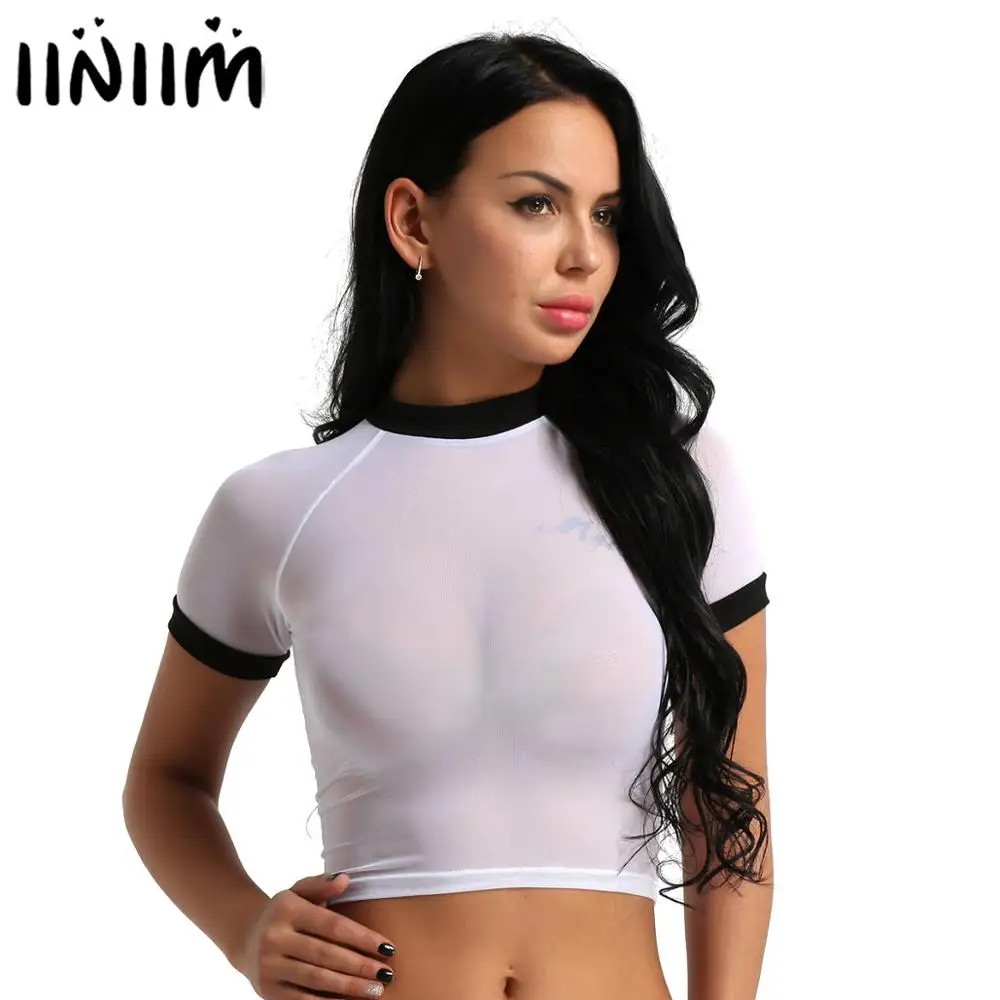 

iiniim Femme Womens Sexy Fashion Tops Mesh See Through Sheer Short Sleeve Crop Top Casual Cocktail Party Clubwear T-shirt
