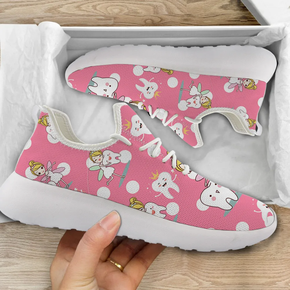 

ELVISWORDS Autumn Fashion Women Breathable Mesh Running Shoes Kawaii Dentist Tooth Pattern Knitting Sneaker for Female Flat Shoe