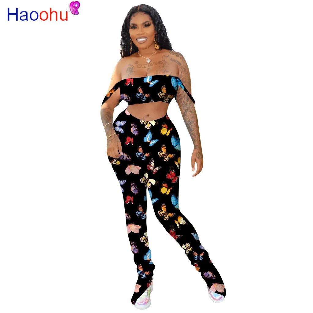 

HAOOHU Sexy butterfly Print Two Piece Pant Set Outfits Women Off The Shoulder Top And High Waist Long Legging Suits Overalls