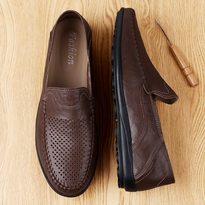 

Fashion Rubber Sole Slip on Shoes Summer Men Moccasins Loafers Breathable Flat Shoes Casual Brown Leather Shoes Mens Footwear