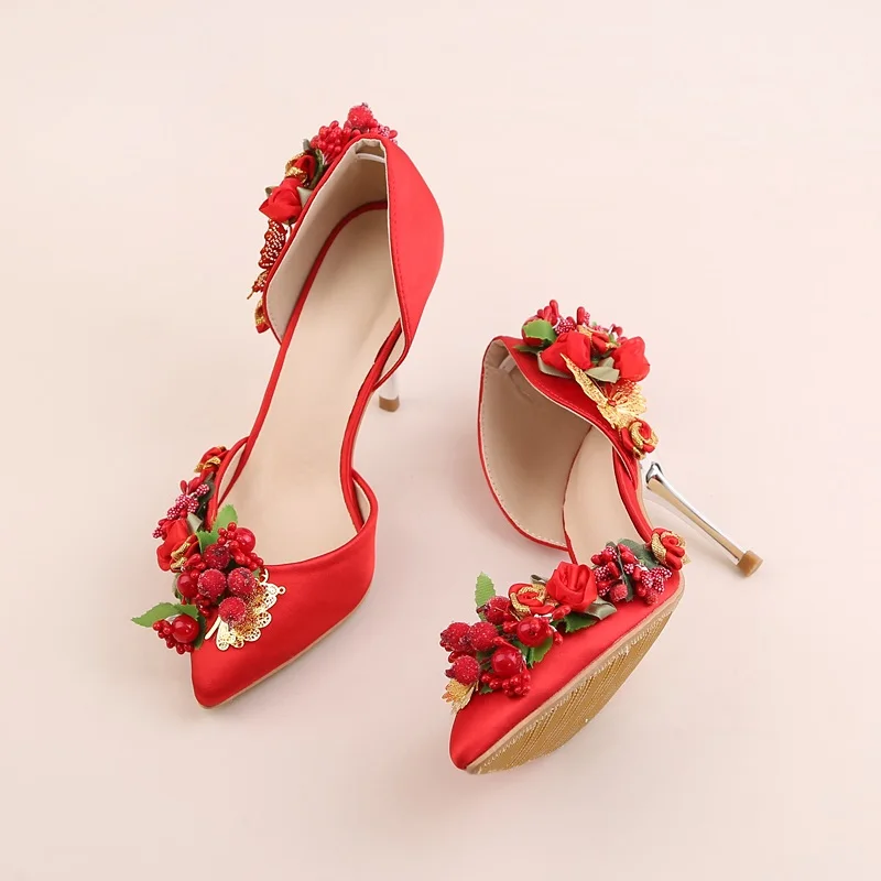 Red satin bride ultra high heel stiletto hollow flower dress wedding shoes female sandals 2019 summer new style | Обувь