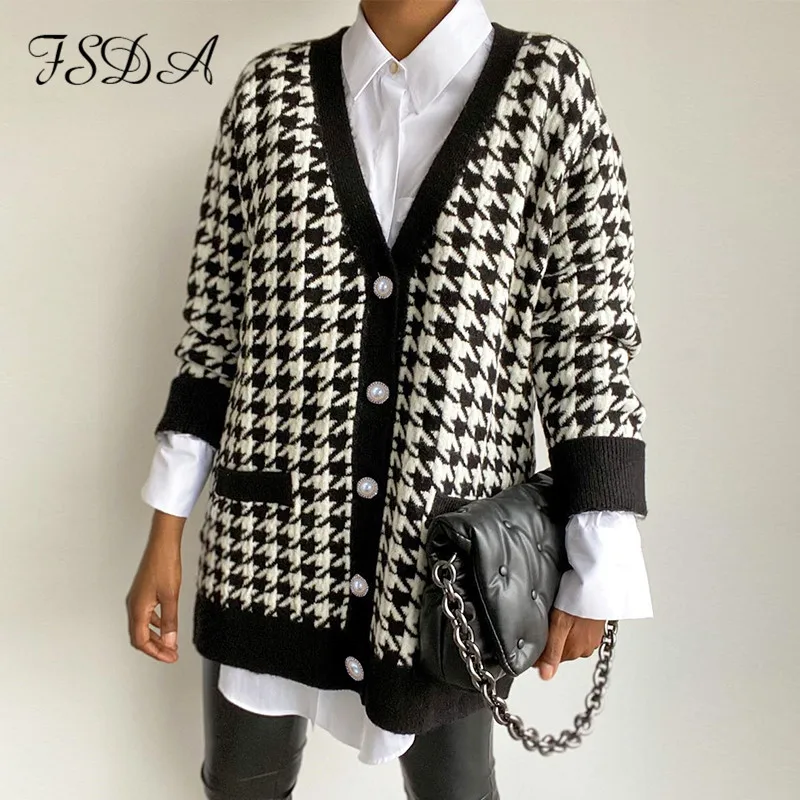 

FSDA V Neck Women Button Black Houndstooth Cardigan 2020 Long Sleeve Sweater Autumn Winter Knitted Loose Oversized Jumper Casual