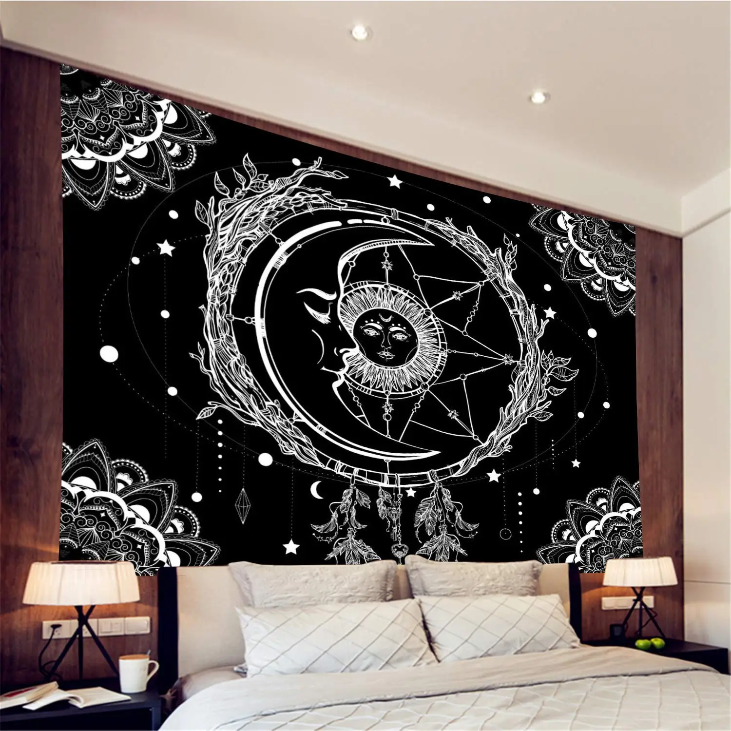 Мун и солнце психоделический богемный Мандала настенный гобелен черно белый