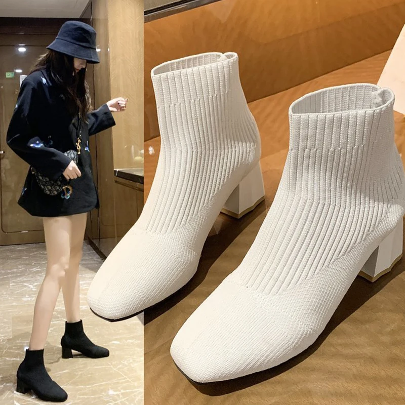 

Retro Short Chelsea Boots Women Stretch Fabric Square Heels Socks Ankle Boots Casual Slip-on Shoes Heel Rubber Boots for Women